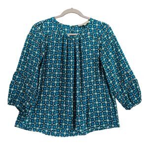 Loft Geometric Print Blouse SP Petite Blue Green Loose Fit Ladder Pleated‎ Flowy